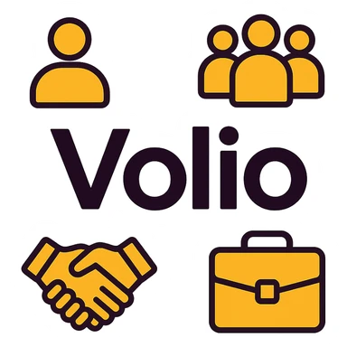 minimalistic abstract logo design with dominant orange-yellow color palette, Volio logo centered, modern symbolic icons representing Human Resources including person, group of people, handshake, briefcase, clean balanced futuristic tech-style layout, high contrast on white background, simple professional visually striking sticker