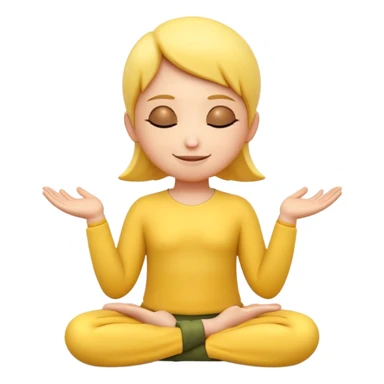 A 3D Apple-style yellow round emoji sitting in a lotus position, eyes gently closed, calm and peaceful smile, hands resting on knees with palms facing upward, relaxed eyebrows, soft glow around the emoji to symbolize inner peace, clean minimal background. sticker