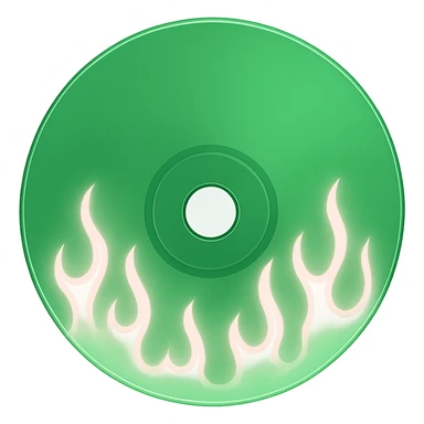 A minimalist CD disc with subtle pink flames, glowing effect, variation 2, color: green sticker