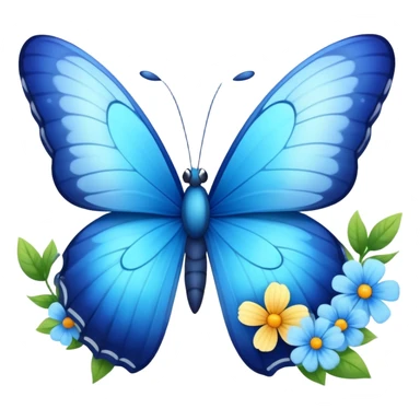 A vibrant blue butterfly with a cute smiling face, fluttering in spring with flowers around sticker