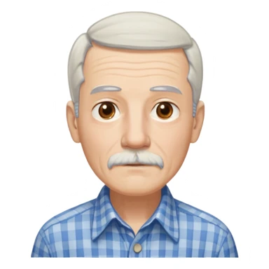 Thin elderly man with light skin. Elongated face with kind expression. Light brown eyes. Thin eyebrows. White goatee and white mustache. Fine straight gray-white hair with bangs, hair is long and goes past his ears. Slim build. Wearing a blue and beige checkered button-up shirt. sticker