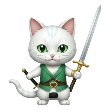 un gato blanco con reeferencia a rororoa zoro "una espada en cada mano y una en la boca" sticker