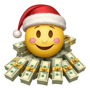 A festive 3D emoji style yellow smiley face wearing a Santa hat, surrounded by stacks of cash and dollar bills, joyful expression, Christmas and New Year theme, high quality, clean design, studio lighting, no text, no background, isolated object, transparent background, emojis.com style sticker
