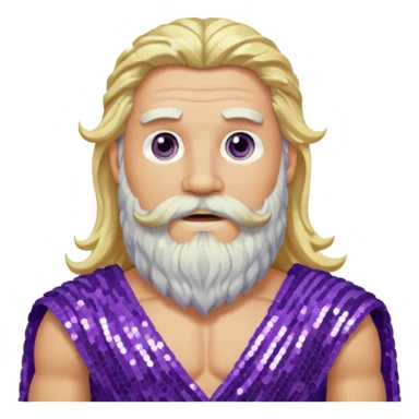 Zeus from Olympus Gods with long blonde wavy hair and beard, purple sequin loincloth sticker