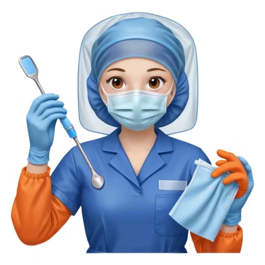 A meticulous cleanroom worker dressed in full protective gear, including a blue sterile suit, a face mask, a hairnet, and orange gloves.  wipe  in her hand. sticker