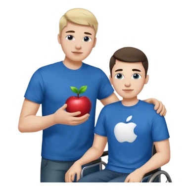 A guy in a blue Apple T-shirt, helping a disabled person who is ugly sticker