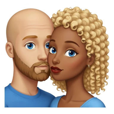bald head man with brown eyes and beard kissing African woman with blue eyes and curly blonde hair sticker