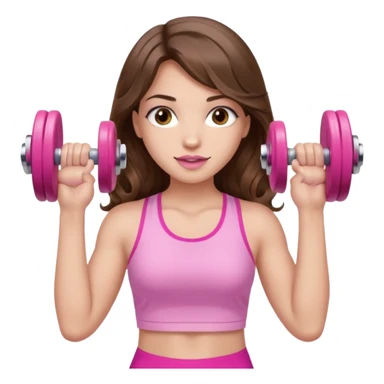 girl with wavy long brown hair, brown eyes, light to medium complexion, long lashes, light pink lipstick, wearing light pink shirt, lifting a pink dumbbells in a sports top sticker