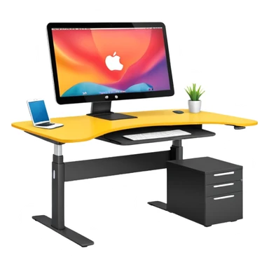 A height-adjustable office desk with a visible central lifting mechanism and a large flat monitor placed on top. The desk should look modern and minimal, symbolizing an ergonomic workstation. Rounded shapes, flat bright colors, consistent with standard emoji design. sticker