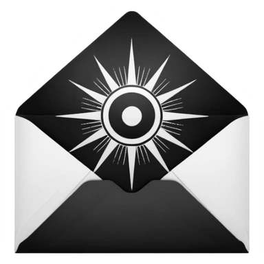 Open envelope, centered, black interior with a bright circular core and radial engraved sunburst rays, pure black ink on pure white, stipple/crosshatch only, razor sharp --style raw --ar 1:1 --no gradient, gray, 3d, glossy, text sticker