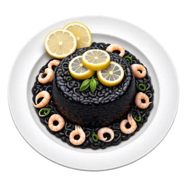 cinematic-realistic-black-risotto-dish,-showcasing-small squid pieces-rendered-with-bold-textures-and-dynamic,-dramatic-lighting in a white plate with a grilled lemon on top sticker