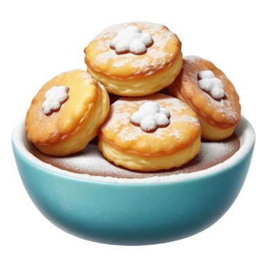 Buñuelo Cinematic Realistic Buñuelo Dessert Emoji, depicted as perfectly round, fluffy fritters served in a small bowl with a dusting of powdered sugar, rendered with vibrant textures and warm, inviting lighting. sticker