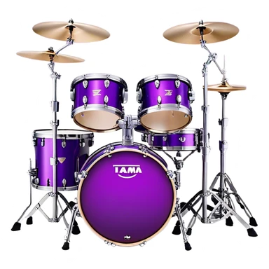  "Create a vibrant and detailed emoji representing Lars Ulrich's Tama Starclassic drum kit. The design should feature a sleek, glossy purple drum kit with glittering accents, including two large bass drums positioned side by side. The snare drum, toms, and cymbals should be clearly visible, with a high-shine finish that reflects the light. Add subtle musical notes around the kit to evoke rhythm and energy. Use a color palette of deep purple, black, silver, and sparkling accents to emphasize the unique look of this iconic setup. The background should be transparent. sticker