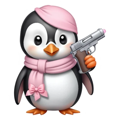 cute penguin wearing light pink bow scarf not on head and holding light pink gun  sticker