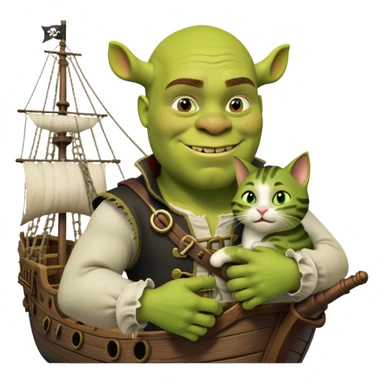 shrek holding a cat with look of love while on a pirate ship waging war sticker