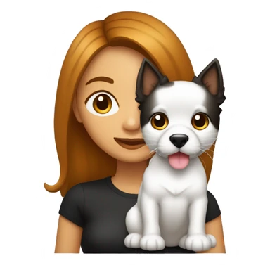 Mulher branca com cabelo comprido liso preto olho castanho escuro com um cachorro vira-lata no colo e um gato fofo no colo sticker