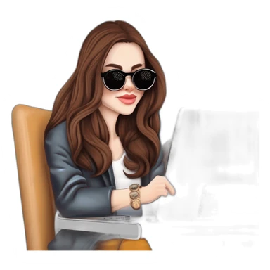 pale skin middle brown long hair woman with funny sunglasses and a laptop with a coffee sticker in it sticker