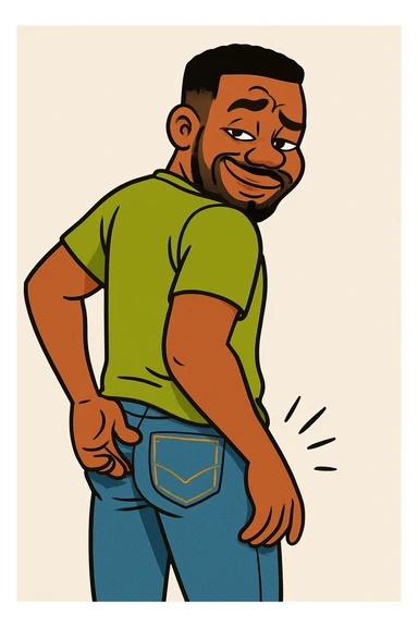 Make the character more cartoonish with exaggerated features, keeping the pose of scratching his backside. Use bright colors and a playful style, maintaining a lighthearted and non-explicit tone. sticker
