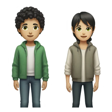 asian boy with short curly hair and brown eyes holding hand of girl with green eyes and dark long straight hair sticker