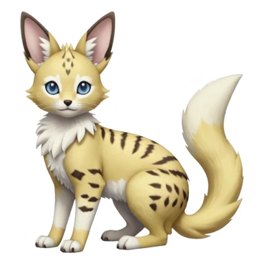 Albino-white, blue-eyed soft natural realistic romantic vintage antique divine beautiful elegant pretty precious cute young youthful  Fakémon-Pokémon-feline-Zeraora-Jolteon-serval-caracal-chinchilla-Minccino-Cinccino-Meowstic-rodent-hybrid-creature with a big fluffy bushy tail (full body) sticker
