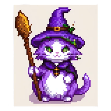 cute pixel art cat with purple fur and a witch's broom sticker