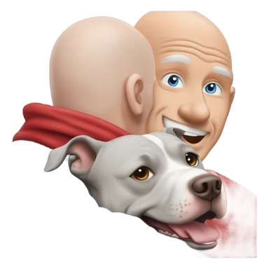 large gray male pit bull smiling and hugging bald white mature man no beard blue eyes with red tshirt sticker