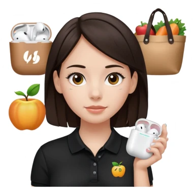 Girl with dark brown hair with airpods wearing a black wegmans grocery store polo sticker