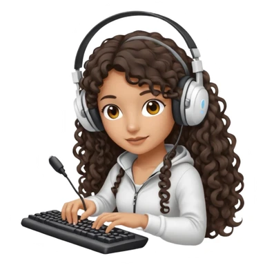 Spanish girl with long dark curly hair, wearing a white gaming headset and playing on keyboard with a gaming mouse in one hand sticker
