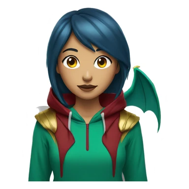 Lady with brunette and blue hair, gold, green dragon wings, maroon hoodie, black and gold Nike t shirt, and bright red eyes sticker