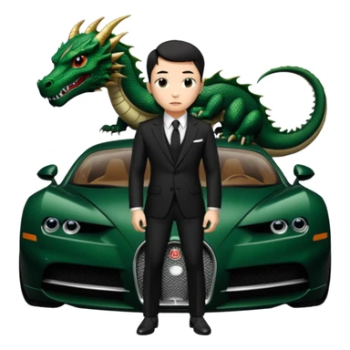 mysterious scenery: green audemars piguet watch (without text), black bugatti, and a dark green dragon, and a mysterious chinese agent from The Matrix with his eyes censored sticker