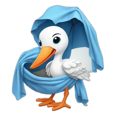 White stork carrying a blue bundle of cloth in its big beak that has a cute human person cute baby boy inside and his head is peeking from the fabric the strok is carrying in its beak sticker
