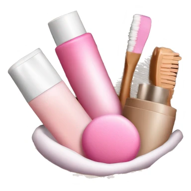 little brown basket with pink and white beauty products inside like shampoos and make up sticker