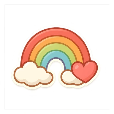 chibi sticker-style rainbow with a heart accent, cute and exaggerated sticker