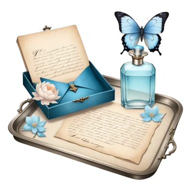 A nostalgic evening scene where an open love letter, with elegantly fading ink, lies next to a silver tray holding a vintage perfume bottle. A single pale blue butterfly lands gently on the aged parchment, as the soft scent of jasmine and peonies fills the air. sticker