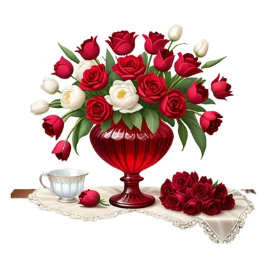 "A romantic still life of a crystal-clear red glass vase brimming with a lavish mix of scarlet roses, tulips, peonies, and silk-like pansies, with pearl-hued ribbons cascading gracefully over a vintage wooden table."
 sticker