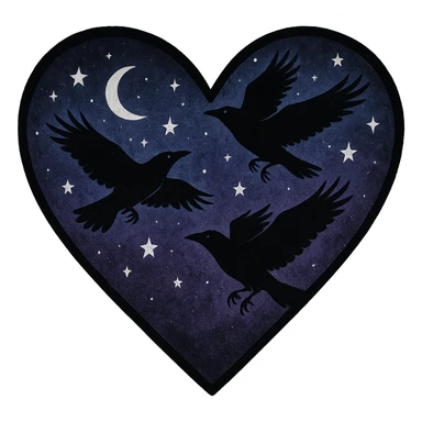 emo heart with night sky and dark ravens, remove background sticker