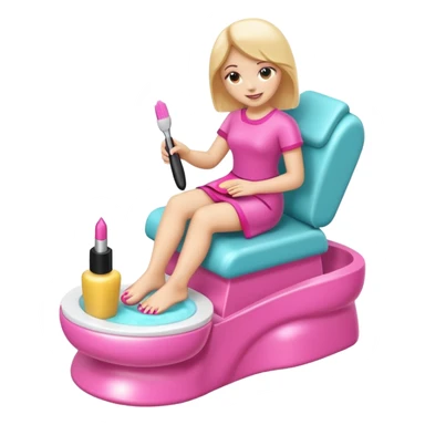 3D isometric emoji of a foot getting a pedicure, hand holding a nail polish brush, soft glossy texture sticker