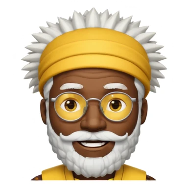 50 year old man, spiky hair, winking one eye, smiling brightly, black skin, raised eyebrows, wearing glasses, white hair and beard, wearing a yellow hat like a tribal chief, emoji style, style 1 sticker