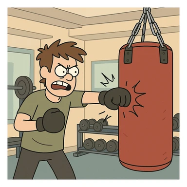 Hit a punching bag – to punch a padded bag for exercise or stress relief.
He went to the gym to hit a punching bag and blow off steam. Background Gym
 sticker