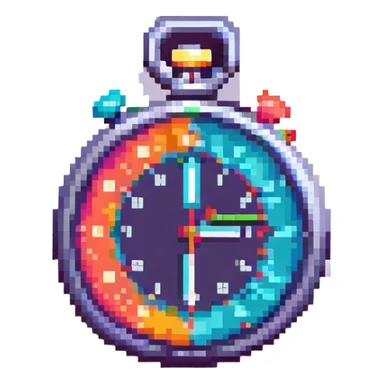 A stopwatch in pixel art style, blocky and retro, vibrant colors sticker