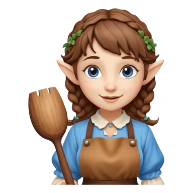 Kind happy whimsical quirky Girl toymaker, wood carving elf. Woodland creator. Blue eyes. brown hair (just below chin length) wavy hair & bangs. Whimsical playful cute sticker
