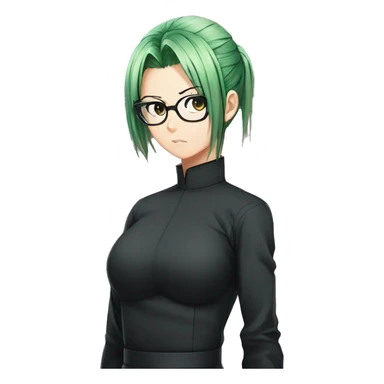 Maki zenin from jujutsu kaisen, Green hair tied one pony tail, visible glasses, serious face, wear black leggings, Jujutsu kaisen women uniform sticker