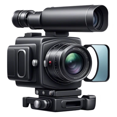 Black professional photo camera, large lens, clear photo shot in the background, sleek design, minimalistic, on a white background, no extra details. sticker