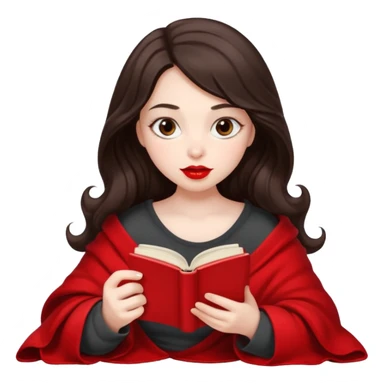 Long wavy dark brown haired, white skinned, dark big eyed girl with red lipstick wrapped in a red blanket, sipping tea and reading a book sticker