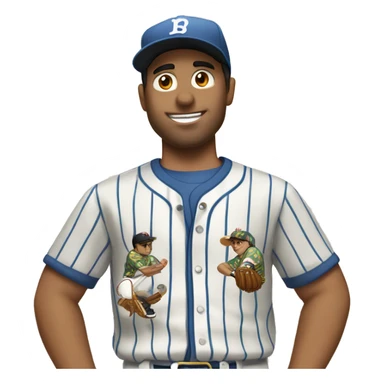 Man with brown hair in a Hawaiian shirt negotiates with a Latino baseball player wearing pinstripes  sticker