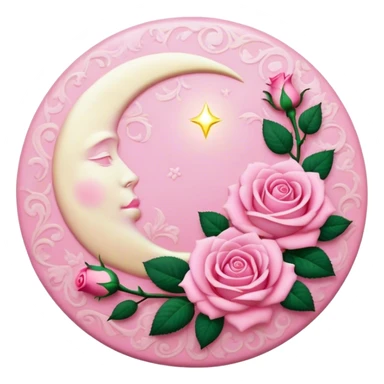 A round pink button with a light cream full damask style moon and pink roses in the center sticker