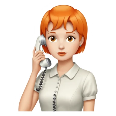 woman with short orange hair holding a vintage white phone to her ear, upper body sticker