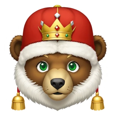 Brown bear head only with green eyes, white furry ushanka hat with accurate Russian Federation emblem featuring golden eagle, three crowns, scepter, orb, and red shield with St. George, iOS emoji style sticker