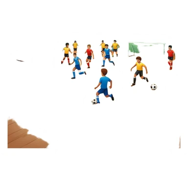 A mini-football match in an indoor sports hall with wooden flooring and clear field markings. The scene shows a vibrant game in action, with players positioned on the court, the goalposts visible, and the atmosphere filled with energy and focus. sticker