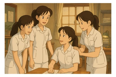 Scène intérieure Ghibli : quatre étudiants infirmiers en interaction, tenues blanches à manches courtes, tuniques col en V avec poche poitrine à gauche, avant-bras nus, sans stéthoscopes ni pied de col, cheveux longs attachés. Collaboration visible, ambiance bienveillante. sticker